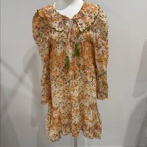 JAK Peach Floral Ruffle Collar Mini Dress Sz S